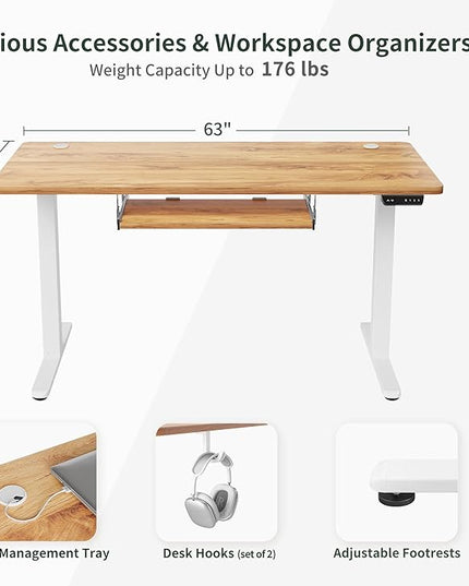 BANTI 63" x 24" Height Adjustable Electric Standing Desk with Keyboard Tray, Sit Stand up Desk with Splice Board, White Frame/Light Rustic Brown Top - LeafyLoom