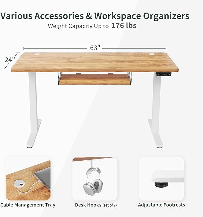 BANTI 63" x 24" Height Adjustable Electric Standing Desk with Keyboard Tray, Sit Stand up Desk with Splice Board, White Frame/Light Rustic Brown Top - LeafyLoom