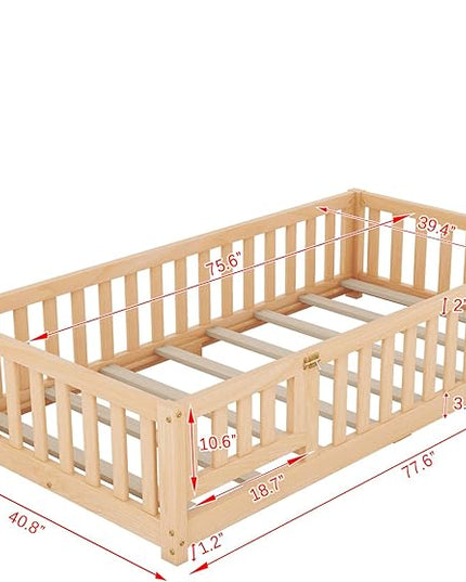 Multifunctional Twin Size Floor Bed with Safety Guardrails and Door, Removable Wood Slats, Montessori Beds Frame for Toddlers, for Boys and Girls, Natural - LeafyLoom