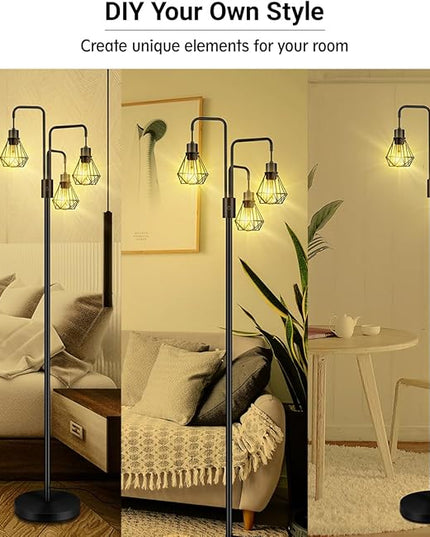 BoostArea Industrial Floor Lamp,Metal Diamond Lampshade,Modern Stand Up Lamp with 3 Light, Bulbs Not Included,Simple Design Floor Lamp for Bedroom, Living Room, Office, Kids Room, Reading - LeafyLoom