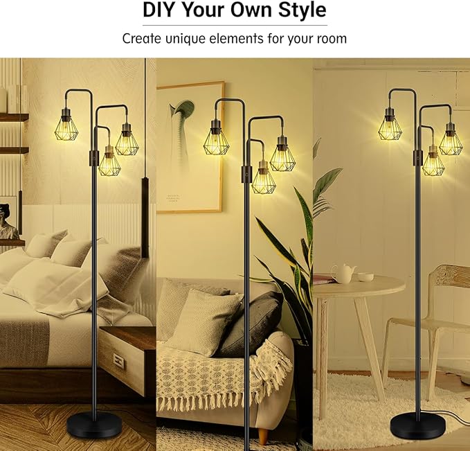BoostArea Industrial Floor Lamp,Metal Diamond Lampshade,Modern Stand Up Lamp with 3 Light, Bulbs Not Included,Simple Design Floor Lamp for Bedroom, Living Room, Office, Kids Room, Reading - LeafyLoom