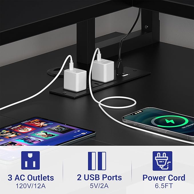 armocity L Shaped Computer Desk with Power Outlets, Gaming Desk L Shaped with LED Lights, Corner Desk with Storage Shelves, Work Study Desk for Bedroom, Home Office Small Spaces, 47'', Black - LeafyLoom