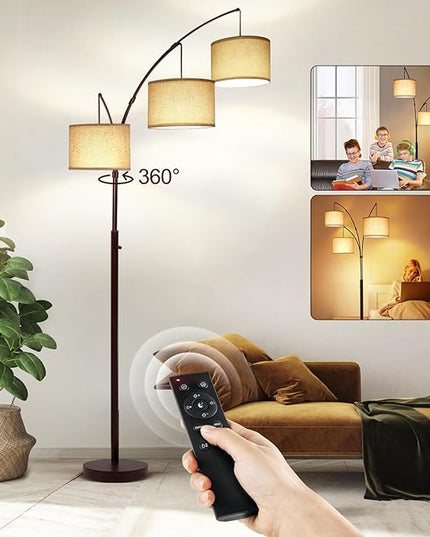 OUTON Floor Lamp with Remote Control, Modern Bright Lamps for Living Room, Adjustable 3-Light Tall Arched Lamp for Bedroom, Office, 2400lm Mid Century Design with Hanging Shade - LeafyLoom