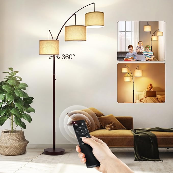 OUTON Floor Lamp with Remote Control, Modern Bright Lamps for Living Room, Adjustable 3-Light Tall Arched Lamp for Bedroom, Office, 2400lm Mid Century Design with Hanging Shade - LeafyLoom