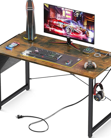 AODK 40 inch Small Computer Desk with Power Outlet for Small Spaces Home Office Student Laptop PC Writing Desks with Storage Bag Headphone Hook, Vintage - LeafyLoom