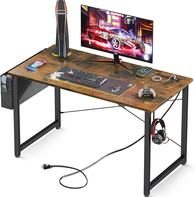 AODK 40 inch Small Computer Desk with Power Outlet for Small Spaces Home Office Student Laptop PC Writing Desks with Storage Bag Headphone Hook, Vintage - LeafyLoom