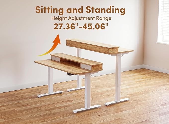 BANTI 48x24 Inch Electric Standing Desk with Double Drawers, Adjustable Height Stand Up Desk, Sit Stand Home Office Desk with Storage Shelf, Light Rustic Brown Top - LeafyLoom