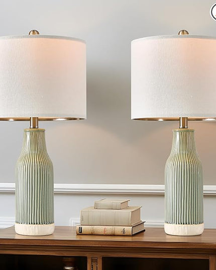 23.75" Modern Green Ceramic Table Lamp Set of 2 for Living Room, Farmhouse Bedside Nightstand Lamp for Bedroom Home Office Dorm - LeafyLoom