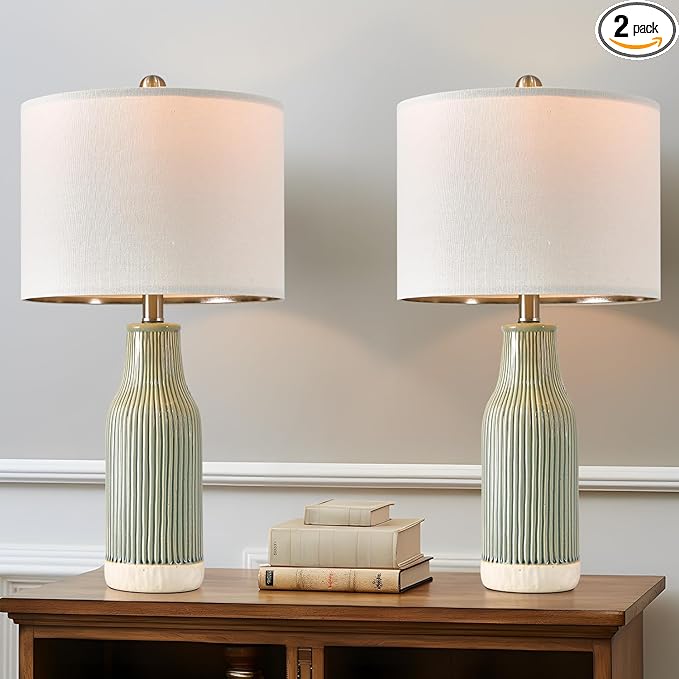 23.75" Modern Green Ceramic Table Lamp Set of 2 for Living Room, Farmhouse Bedside Nightstand Lamp for Bedroom Home Office Dorm - LeafyLoom