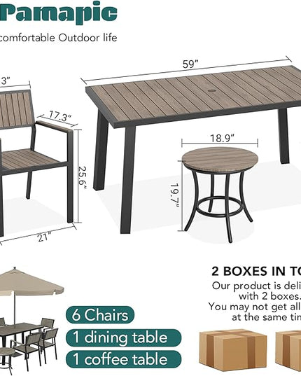 Pamapic 8-Piece Patio Dining Set，Outdoor Aluminum Furniture Set with Plastic-Wood Table Top,Outdoor Furniture Set with 6 Outdoor Stackable Chairs for Patio Garden Poolside (Black) - LeafyLoom