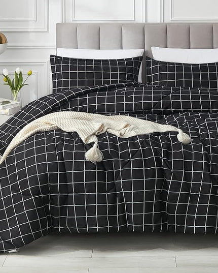 Andency Black Grid Comforter Set King Size (104x90 Inch), 3 Pieces(1 Grid Comforter and 2 Pillowcases), Summer Lightweight Microfiber Down Alternative Black Comforter with White Lines - LeafyLoom