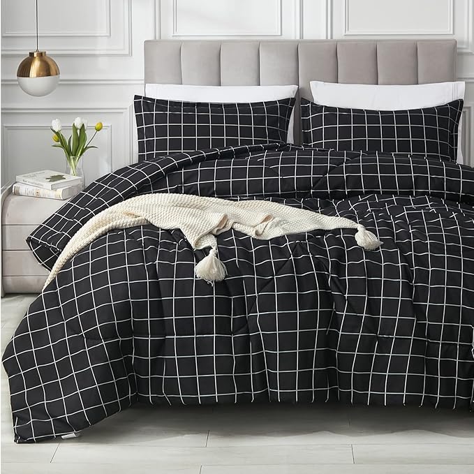 Andency Black Grid Comforter Set King Size (104x90 Inch), 3 Pieces(1 Grid Comforter and 2 Pillowcases), Summer Lightweight Microfiber Down Alternative Black Comforter with White Lines - LeafyLoom