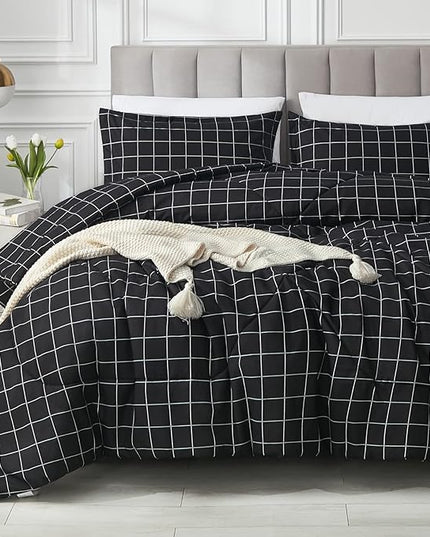 Andency Black Grid Comforter Set Full Size (79x90 Inch), 3 Pieces(1 Grid Comforter and 2 Pillowcases), Summer Lightweight Microfiber Down Alternative Black Comforter with White Lines - LeafyLoom