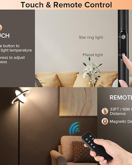 FIMEI Floor Lamp, Sky Modern Bright Standing Lamp with Rotatable Outer Ring Light, 3 Color Temperature and Stepless Dimming, Remote/Touch Independent Control for Living Room Bed Room Office, Black - LeafyLoom
