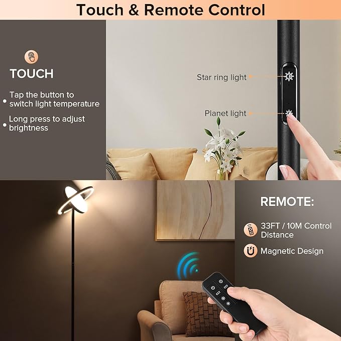 FIMEI Floor Lamp, Sky Modern Bright Standing Lamp with Rotatable Outer Ring Light, 3 Color Temperature and Stepless Dimming, Remote/Touch Independent Control for Living Room Bed Room Office, Black - LeafyLoom