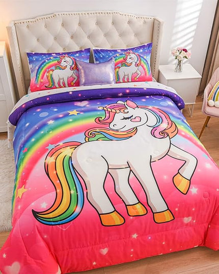 Aimuan Girls Unicorn Comforter Set 6 Pieces Pink Purple Bedding Set with Rainbow Star Galaxy Stars Fantasy Children Room Decor Soft Reversible Bed Sets for Boys/Girls/Teens (Pink-purple Full6Pcs) - LeafyLoom