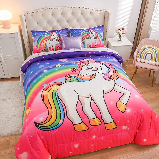 Aimuan Girls Unicorn Comforter Set 6 Pieces Pink Purple Bedding Set with Rainbow Star Galaxy Stars Fantasy Children Room Decor Soft Reversible Bed Sets for Boys/Girls/Teens (Pink-purple Full6Pcs) - LeafyLoom