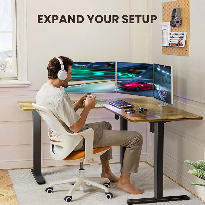 ErGear 63" Dual Motor L Shaped Standing Desk, 28"-46" Electric Height Adjustable, 2 Assembly Options to Fit Room Corner, Suitable for Sitting or Standing Up for Working or Gaming from Home, Vintage - LeafyLoom
