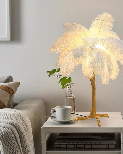White Bedside Lamp Ostrich Feather Desk Lamp Gold Resin Ostrich Feather Table Lamp, Girls Gift Romantic Wedding Decoration Palm Tree Lamps G4*3 - LeafyLoom