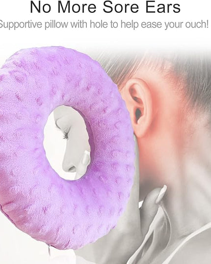 Piercing Pillow Ear Pillows Donut with Hole for Ear Pain CNH, Piercing, Pain Relief Sleeping, Pressure Sore, Side Sleepers, Headphones Minky Dot Lavender - LeafyLoom