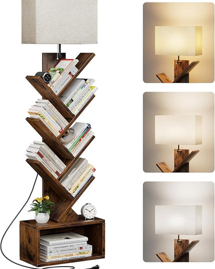 6 Tier Tree Bookshelf with Light, Small Bookcase Tower for Books/CDs/Movies, Sturdy Tall Floor Standing Book Organizer with Storage Cabinet for Living Room, Bedroom and Home Office - LeafyLoom