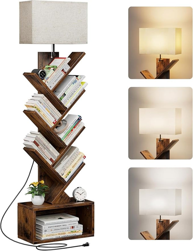 6 Tier Tree Bookshelf with Light, Small Bookcase Tower for Books/CDs/Movies, Sturdy Tall Floor Standing Book Organizer with Storage Cabinet for Living Room, Bedroom and Home Office - LeafyLoom