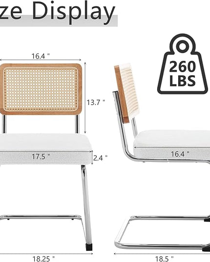 Rattan Dining Chairs Set of 2, Mid Century Modern Sherpa Dining Room Kitchen Chairs with Cane Back, Metal Chrome Legs, Upholstered Wicker Armless Accent Chairs, White - LeafyLoom