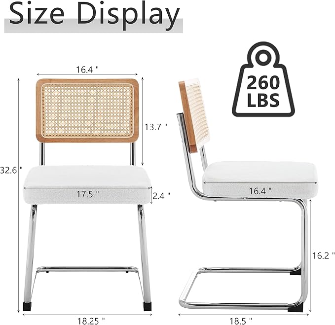 Rattan Dining Chairs Set of 2, Mid Century Modern Sherpa Dining Room Kitchen Chairs with Cane Back, Metal Chrome Legs, Upholstered Wicker Armless Accent Chairs, White - LeafyLoom