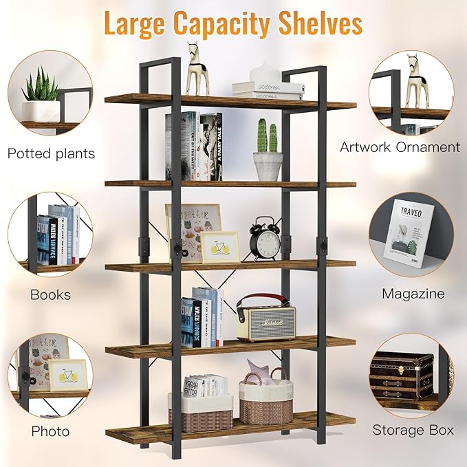 FRAPOW 5 Tier Bookshelf, 70 inch Tall Solid Bookcase Industrial Wooden Bookshelves Large Wall Etagere Rustic Vintage Book Shelf with Metal Frame Open Storage Rack for Living Room Home Office - LeafyLoom