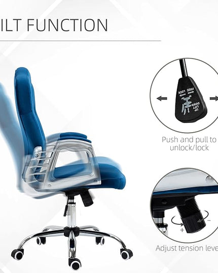 Vinsetto Home Office Chair, Velvet Computer Chair, Button Tufted Desk Chair with Swivel Wheels, Adjustable Height, and Tilt Function, Blue - LeafyLoom