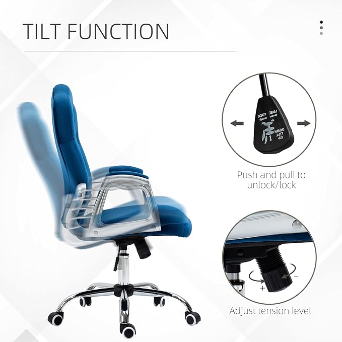 Vinsetto Home Office Chair, Velvet Computer Chair, Button Tufted Desk Chair with Swivel Wheels, Adjustable Height, and Tilt Function, Blue - LeafyLoom