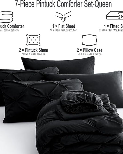 Ubauba 7pc Black Queen Comforter Set with Sheets, 7 Piece Pintuck Bed in a Bag, Queen Size Bed Set for All Seasons, Pinched Pleat Bedding Sets (Black,Queen) - LeafyLoom