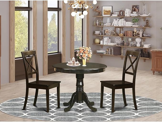 East West Furniture ANBO3-CAP-W 3 Piece Room Furniture Set Contains a Round Dining Table with Pedestal and 2 Wood Seat Chairs, 36x36 Inch - LeafyLoom