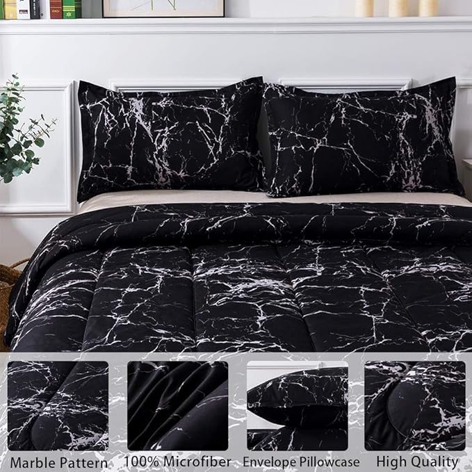 Litanika Black Marble Comforter California King(104x96lnch), 3 Pieces(1 Marble Comforter and 2 Pillowcases) Soft Microfiber Comforter Bedding Set for Men and Women - LeafyLoom