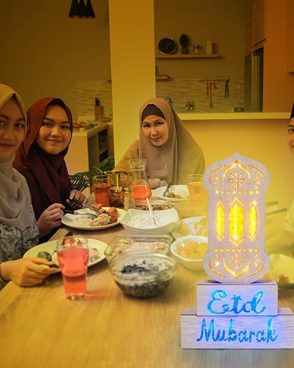 12" Ramadan Decorations, Wooden Ramadan Lantern Block with Yellow Blue Lights Eid Mubarak Ramadan Table Centerpieces for Ramadan Gifts Muslim Islam Festival Decor Eid Al Fitr Supplies - LeafyLoom
