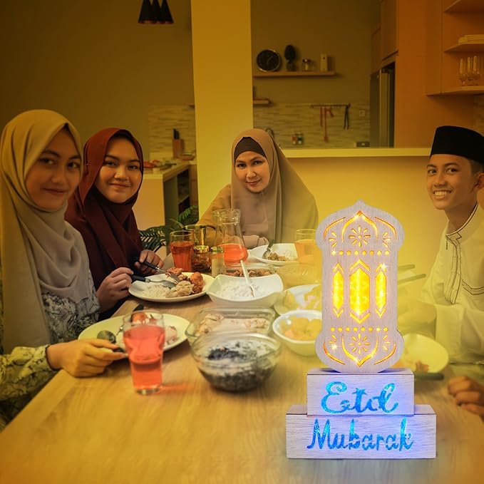 12" Ramadan Decorations, Wooden Ramadan Lantern Block with Yellow Blue Lights Eid Mubarak Ramadan Table Centerpieces for Ramadan Gifts Muslim Islam Festival Decor Eid Al Fitr Supplies - LeafyLoom
