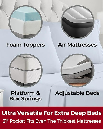Mellanni Extra Deep California King Sheets - 4 PC Iconic Collection Bedding Sheets & Pillowcases - Luxury, Ultra Soft, Cooling Bed Sheets - Extra Deep Pocket up to 21 inch (Cal King, Blue Hydrangea) - LeafyLoom