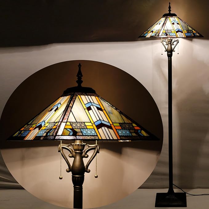 Tiffany Floor Lamp Mission Style Stained Glass Standing Reading Light 16X16X64 Inch Blue Cloudy - LeafyLoom
