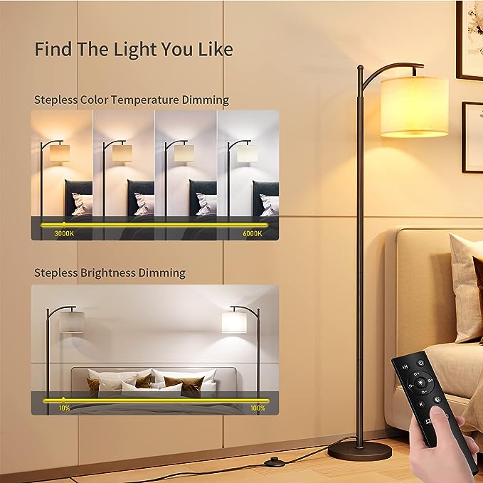 SUNMORY Arc Floor Lamp, Modern Floor Lamp with Romote Control and Stepless Dimmable Bulb, Metal Standing Lamps with Hanging Lampshade for Living Room, Bedroom, Office (Black) - LeafyLoom