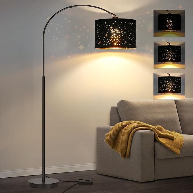 Dimmable Floor Lamp, Arc Floor Lamp for Living Room, Arched Tall Modern Standing Lamp with Adjustable Star Shade, Black Mid Century Floor Lamp Tall Pole Lamp for Bedrooms,Office, 9W LED Bulb Included - LeafyLoom