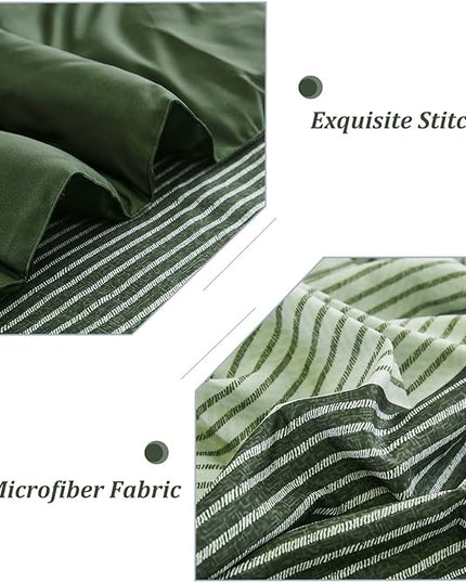 WONGS BEDDING Comforter Set Queen, Reversible Olive Green Striped Patchwork Down Alternative Comforter for Queen Bed,3 Pieces (1 Comforter+2 Pillowcases),Soft Microfiber Bedding Set 90"×90" - LeafyLoom