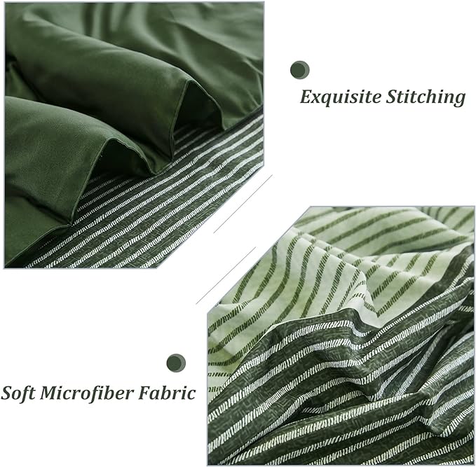 WONGS BEDDING Comforter Set Queen, Reversible Olive Green Striped Patchwork Down Alternative Comforter for Queen Bed,3 Pieces (1 Comforter+2 Pillowcases),Soft Microfiber Bedding Set 90"×90" - LeafyLoom
