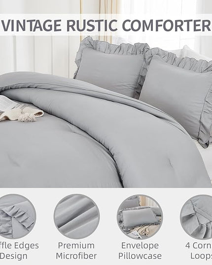 Andency Silver Gray Comforter Set California King Size, 3 Pieces Vintage Shabby Ruffle Bedding Comforter Sets for Cal King Bed, Lightweight Fluffy Soft Microfiber Farmhouse Comforter Set - LeafyLoom
