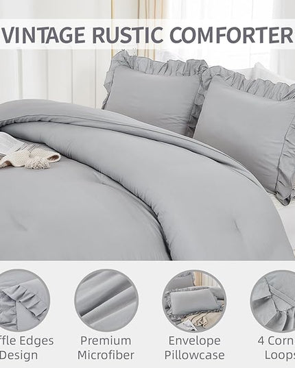 Andency Silver Gray Comforter Set Queen Size, 3 Pieces Shabby Chic Ruffle Bedding Comforter Sets for Queen Bed, Lightweight Fluffy Soft Microfiber Farmhouse Comforter Set - LeafyLoom