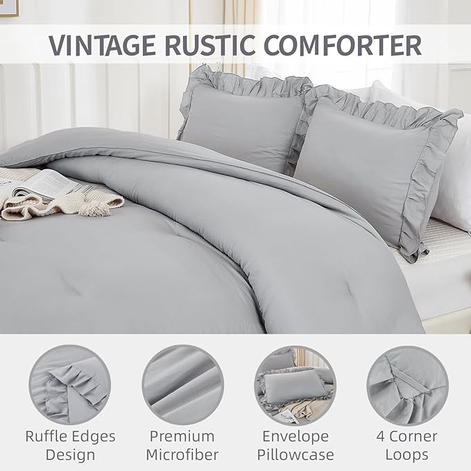 Andency Silver Gray Twin Size Comforter, 2 Pieces Farmhouse Classic Chic Ruffle Comforter for Kids, Lighteweight Soft Microfiber Bedding Set for Girls(1 Ruffle Comforter and 1 Pillowcase) - LeafyLoom