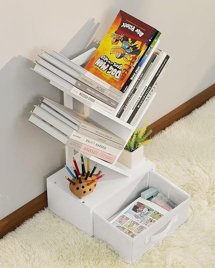 Small Bookshelf with Drawer,4 Tier Tree Book Shelf,Wood Desk Bookshelves,Modern Free Standing Desktop Display Shelves,White Floor Standing Organizer Bookcase for Living Room,Bedroom,Office - LeafyLoom