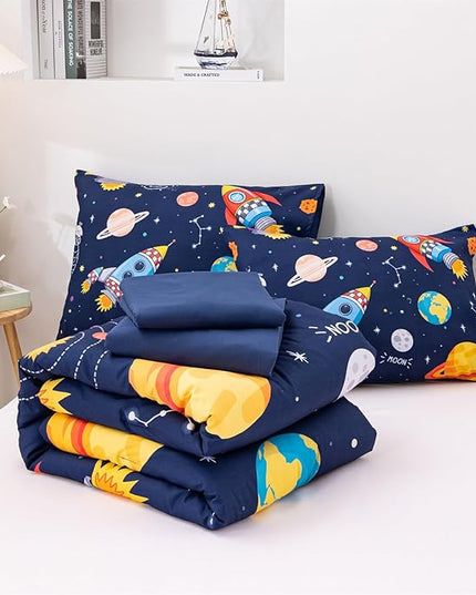 Aimuan Space Comforter Twin Set Kids Rocket Bedding Set Super Soft & Cute Aliens UFO Printed for Boys Girls Teen (Navy, Full 5Pcs) - LeafyLoom