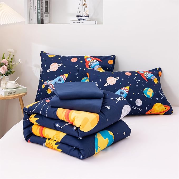 Aimuan Space Comforter Twin Set Kids Rocket Bedding Set Super Soft & Cute Aliens UFO Printed for Boys Girls Teen (Navy, Twin 5Pcs) - LeafyLoom