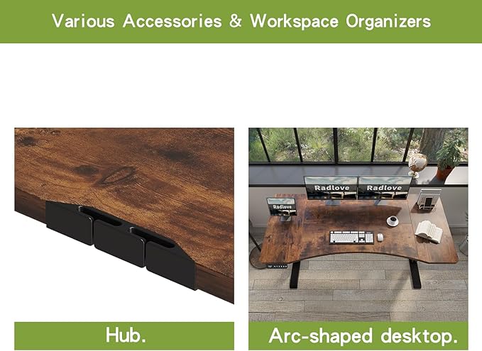 Radlove Dual Motors Height Adjustable 55 x 30'' Electric Standing Desk with Curved Design Stand Up Table 4 Memory Keys, Computer Desk with Splice Board Home Office Desk, Rustic Brown Top + Black Frame - LeafyLoom