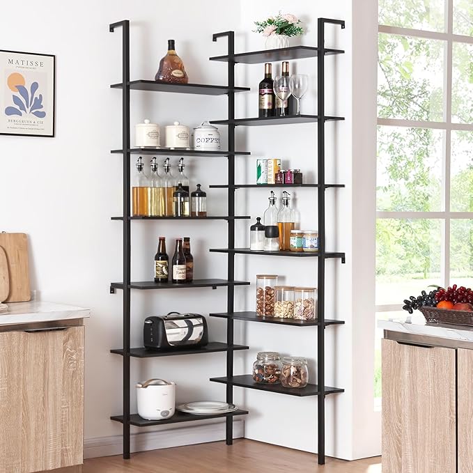 HOMISSUE Corner Bookshelf, 12-Tier L Shaped Bookshelf, Double Wide Corner Wall Mount Bookcase with Metal Frame and Wood, Modern Industrial Corner Shelf for Living Room, Kitchen, Home Office Black - LeafyLoom